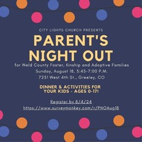 An invite for Parent's Night Out featuring info from body text, on a blue background with polka dots