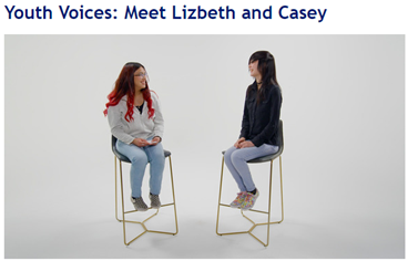 Two women, Lizbeth and Casey, sit next to each other and converse. Text reads "Youth voices: Meet Lizbeth and Casey"