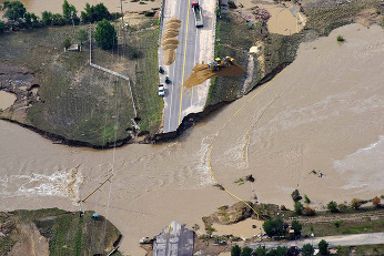 An aerial image of Weld County Road 13 during the 2013 flood.