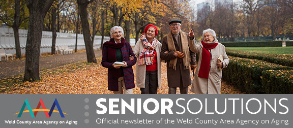 A group of seniors walking through a park in autumn. A banner below reads "Senior Solutions."