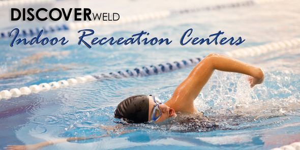 A female swimmer in a black swim cap and blue rimmed goggles. Text on image reads "Discover Weld" "Indoor Recreation Centers"