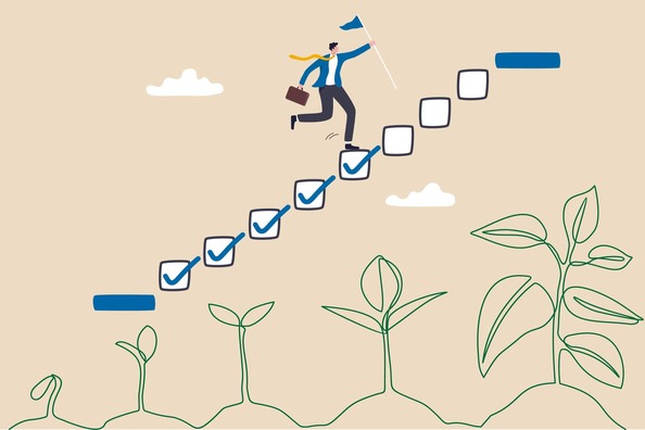Image of a man clicking a staircase shaped checklist. A plant is sprouting below.