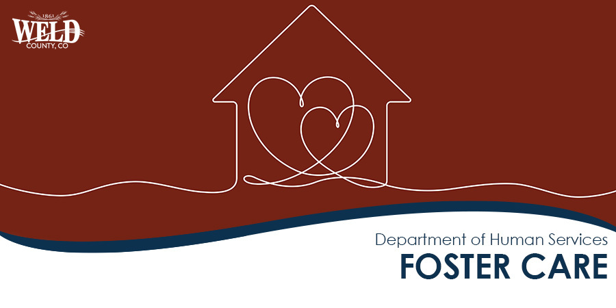 Line art of a house with two hearts in the center. Text reads: Department of Human Services. Foster Care."
