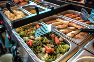 Trays with healthy food - vegetables, chicken, potatoes