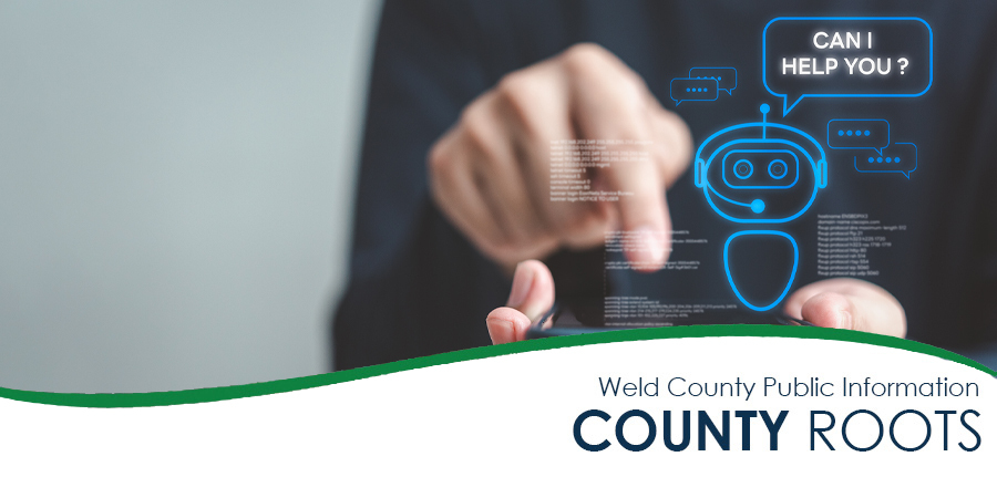 A person holding a phone in their hands. an icon of a robot wearing a headset appears with a speech bubble that asks Can I Help You?