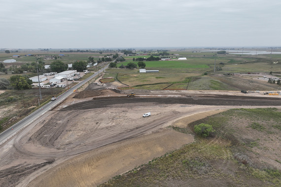An aerial photo of a dirt-fill area by Weld County Road 34. 
