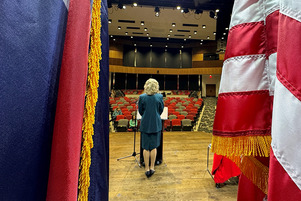 Commissioner Perry Buck rehearsing her part of the State of the County speech. 