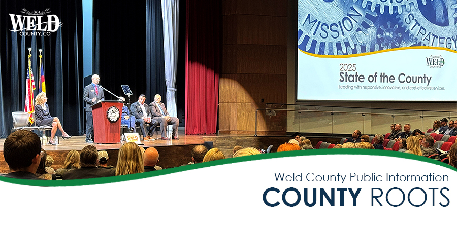 Commissioner Jason Maxey addressing the crowd at the 2025 State of the County. Text reads: "Weld County Public Information: County Roots."