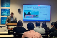 Brett Cavanaugh speaking to room full of people at an oil and gas working group meeting