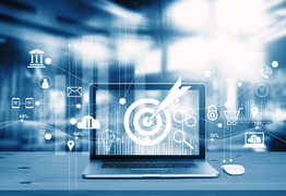 Modern laptop screen with icon marketing, success and goals target, payments and network connection on business technology background. 