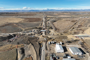 An aerial view of the High Plains Boulevard work zone near Weld County Road 34. 