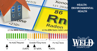 An illustration that includes the chart outlining radon action levels and a small plastic home.