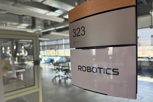 Classroom sign for Aims' robotics lab at Aims Community College in Greeley.