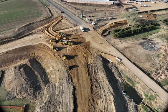An aerial view of roundabout construction at the intersection of Weld County Road 32 and Weld County Road 9.5