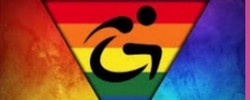 A person in a wheelchair is overlaid on top of a triangular pride flag. 