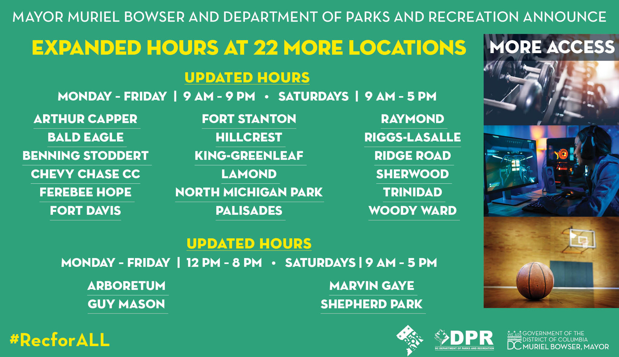 Next Round of Expanded Hours at DPR Recreation Centers Starts Today