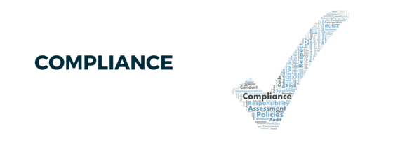 Large checkmark comprised of compliance related words in blue