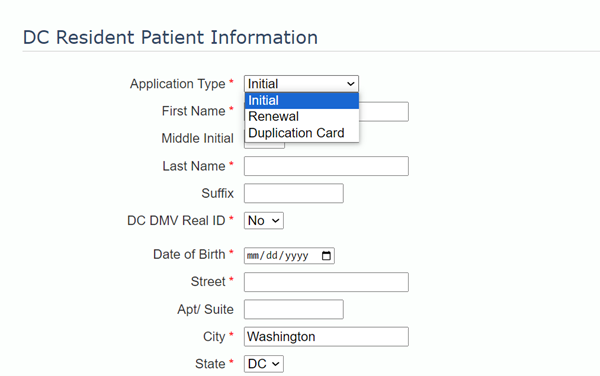 Screenshot of online medical cannabis patient form