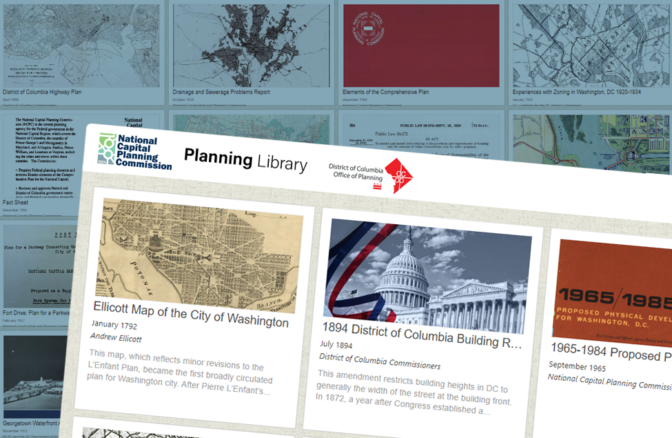 Screenshot of the NCPC Centennial Library of planning documents, featuring a close-up of plans from the early foundation of the District 