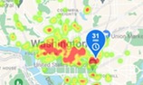 Next Fare DC screenshot of a heat map showing where the most pick ups are depending on historical time of day.