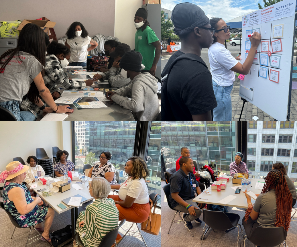 Photos from DC 2050 engagements of OP employees gathered around tables with residents and in front of a poster board at an outdoor event