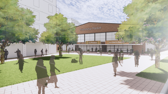 Illustrated rendering of a new public space with a public market and lawn in Friendship Heights