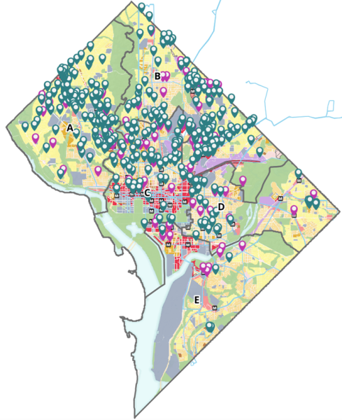 Map of online survey responses showing where in DC people think we should add development