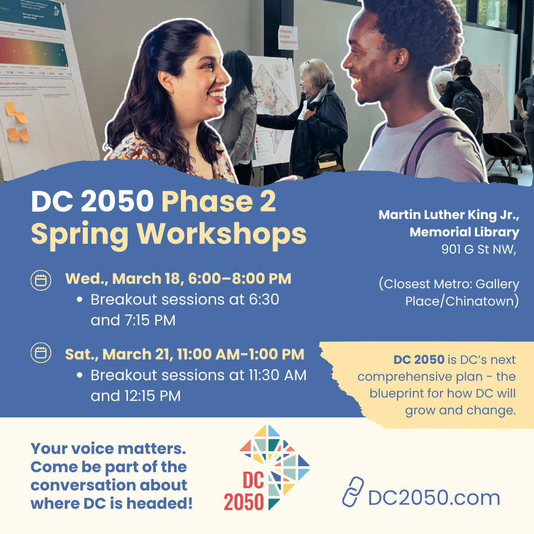 DC 2050 March workshops ad with dates and times plus a photo of people participating in a previous workshop