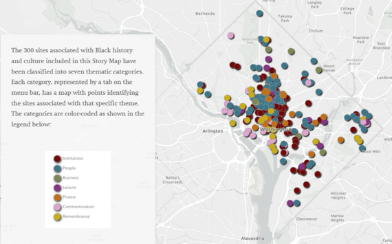 Screenshot of Black History Map showing site locations with multicolored dots across DC
