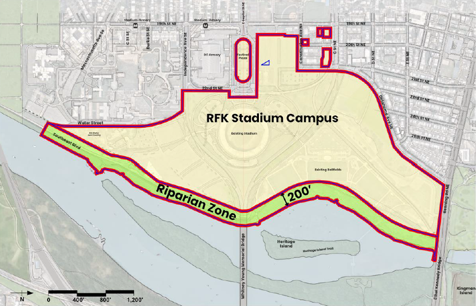 Overview map image of the RFK Stadium Campus study area, with the campus colored in yellow and the waterfront riparian zone shaded green