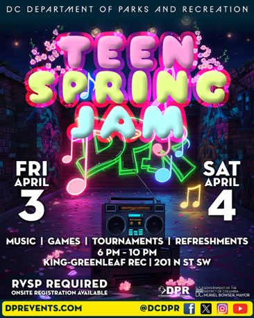 Teen Spring Jam at King Greenleaf Rec on Friday, April 3 and Saturday, April 4. 