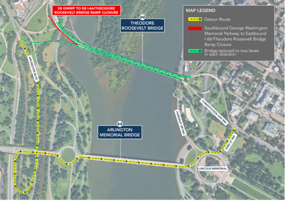 Map of Traffic Detours & Lane Reductions Near Theodore Roosevelt and Arlington Memorial Bridges: Closures & Detour Routes.