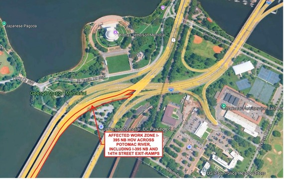 Map displaying the work zone on I-395 NB Across the Potomac River and Including the 14th Street Exit Ramps