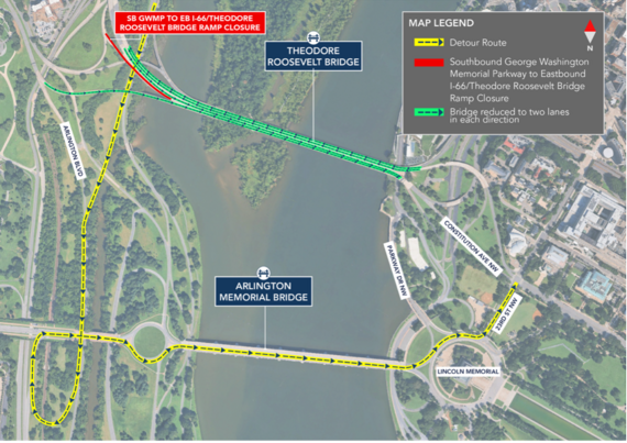Map showing traffic detours and lane reductions around Theodore Roosevelt Bridge and Arlington Memorial Bridge.