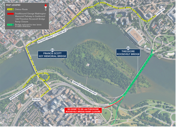 A map showing a detour route for the southbound George Washington Memorial Parkway to eastbound I-66/Theodore Roosevelt Bridge ramp closure. 