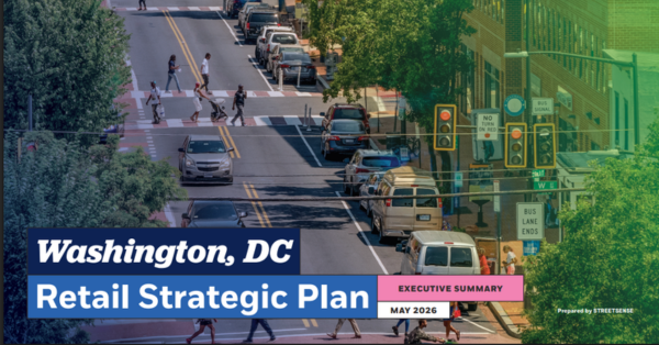Retail Strategic Plan Vibrant Commercial Corridor with cars lining the street and people walking 