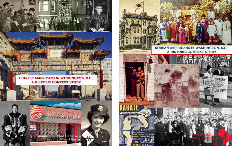 Cover pages of the Chinese American and Korean American context studies, each featuring a collage of historic images from the report contents