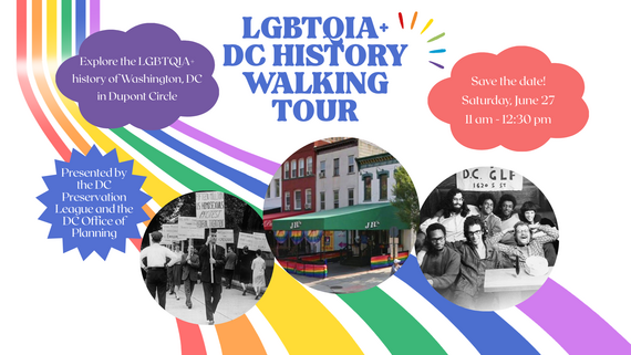 Event ad featuring a rainbow, historic photos of LGBTQ activists in DC, and a photo of JR's restaurant with Pride flags hanging