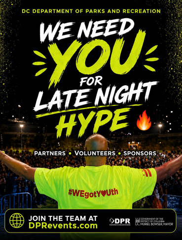 Call for Late Night Hype volunteers, partners, and sponsors. 