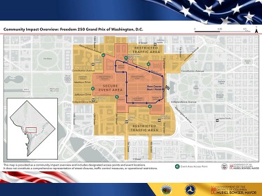 A map showing the race area and restricted area for the Freedom 250 Grand Prix.
