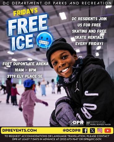 Image promotes Free Skate Fridays at the Fort Dupont Ice Arena. 