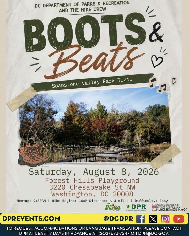 Image promotes DPR's Boots and Beats Saturday hike club.