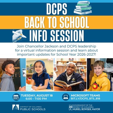 Image promotes the upcoming DCPS Back to School info session. 