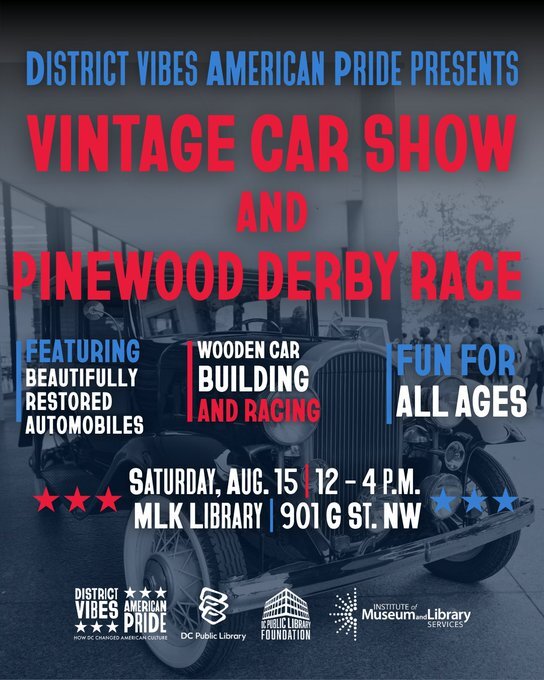 Image promotes the Vintage Car Show and Pinewood Derby Race happening at the MLK Library on Saturday at 12pm.
