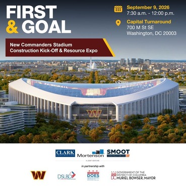 Image promotes an upcoming resource expo for local businesses interested in working on the new Commanders stadium.