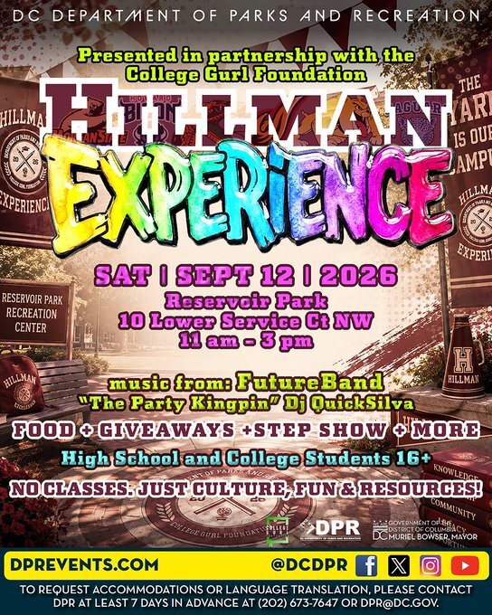 Image promotes DPR's upcoming Hillman Experience event, an immersive HBCU college and career fair for students in DC.