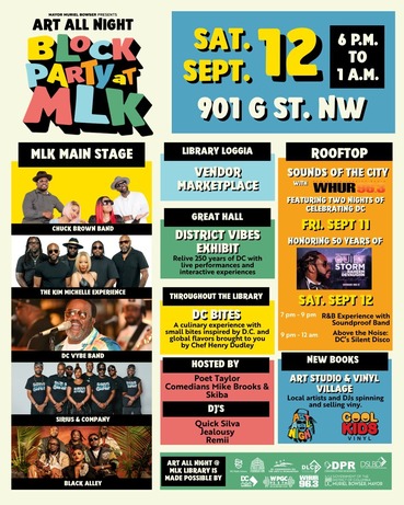 Image promotes the Art All Night Block Party at the MLK Library on Saturday, September 12. 