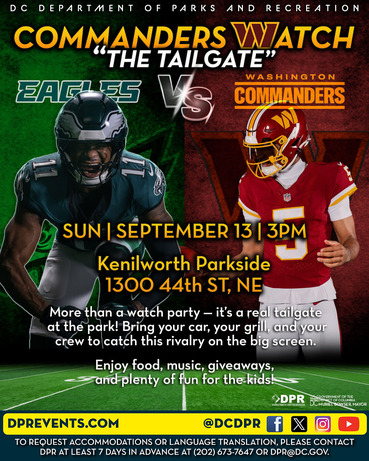 Image promotes DPR's Commanders watch party on Sunday, September 13. 