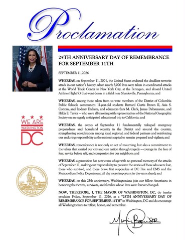 Image shows the Mayor's proclamation for the 25th Anniversary Day Of Remembrance for September 11th.