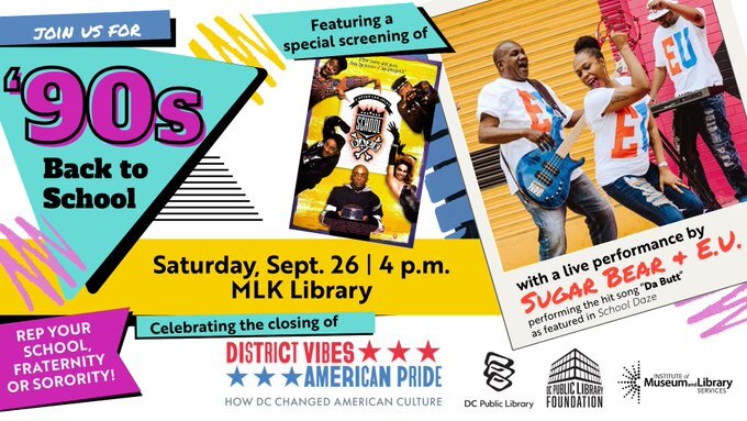 Image promotes an upcoming screening of the movie School Daze followed by an EU concert at the MLK Library.